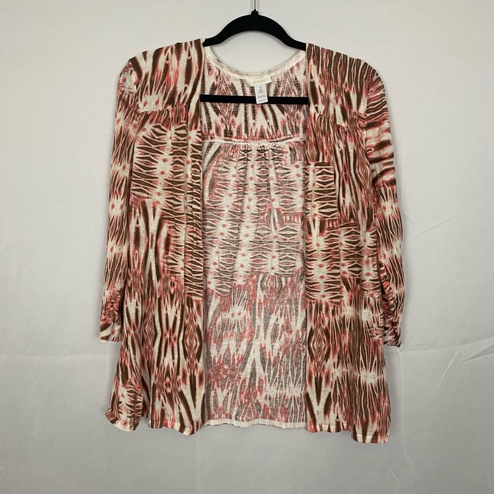 Chico’s Women’s Size 2 Linen Blend Open Front Cardigan - Boho Print, 3/4 Sleeve
